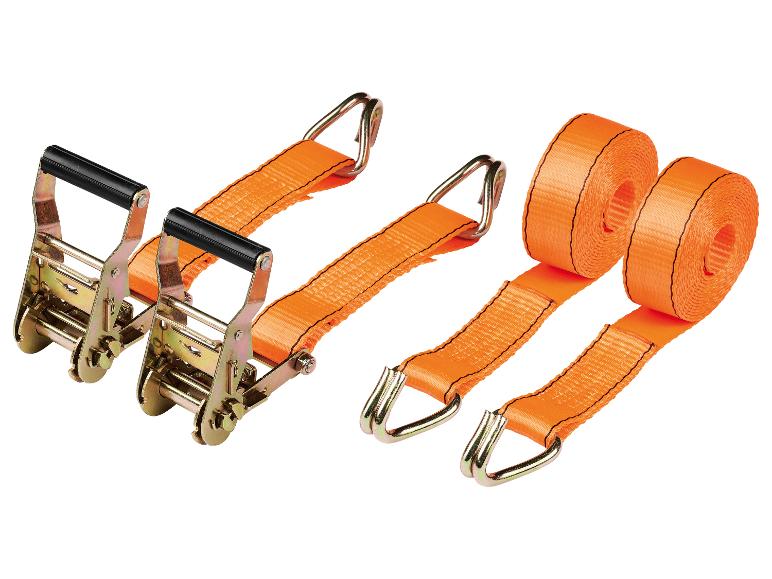 Deux sangles à cliquet orange et deux rouleaux de sangle orange