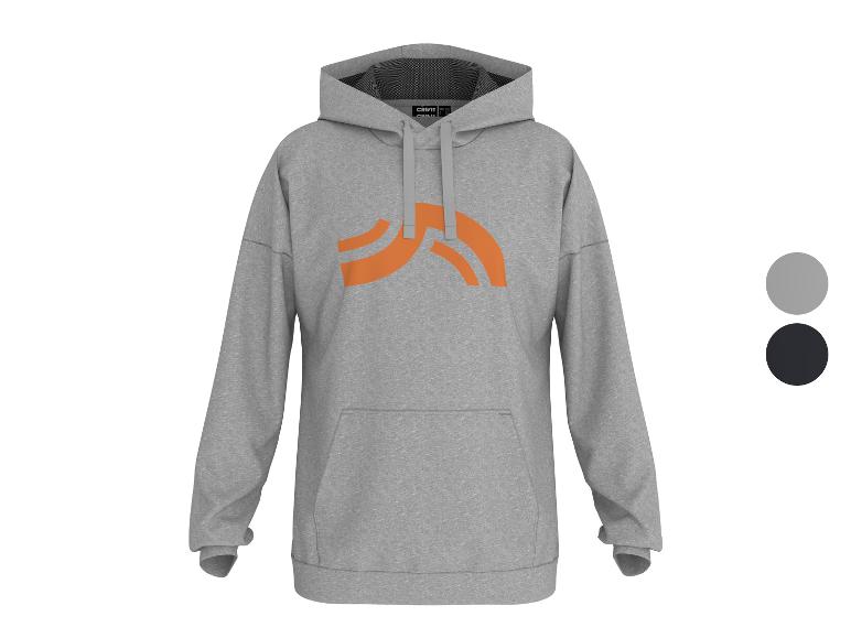 Sweat à capuche gris avec logo orange et poche avant.