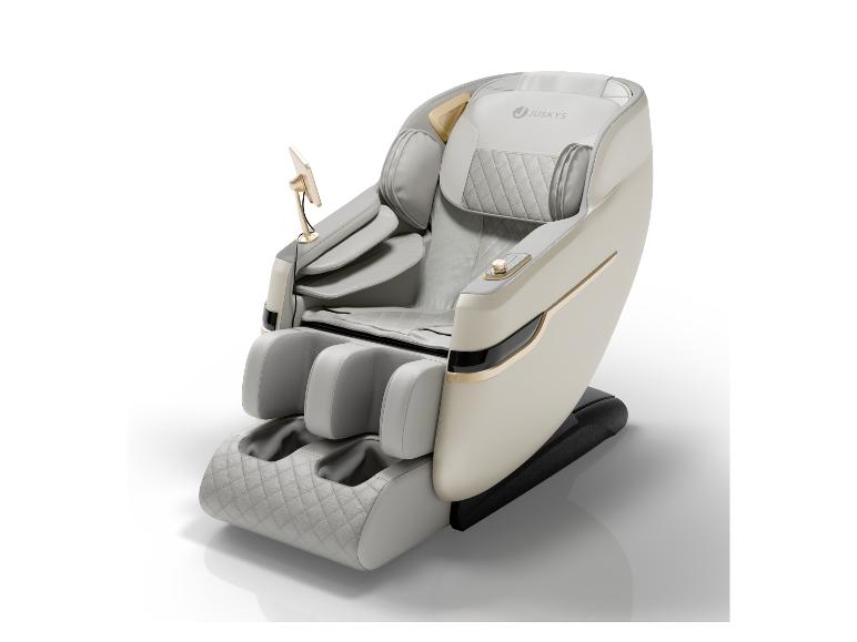 Fauteuil de massage de luxe crème et gris avec des détails dorés et un écran tactile.