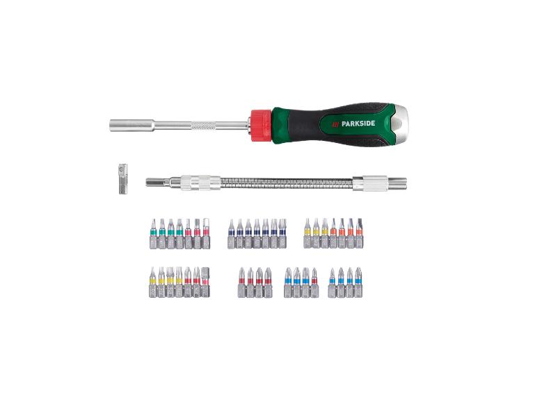 Jeu de tournevis Parkside avec divers embouts et extension flexible.