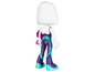Une figurine d'action féminine vêtue d'une tenue violette et turquoise.