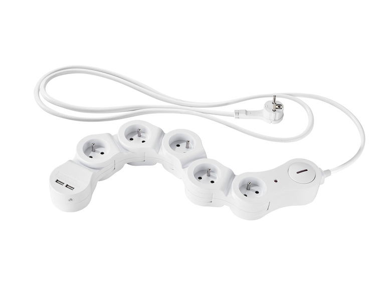 Une multiprise blanche avec 5 prises et 2 ports USB.