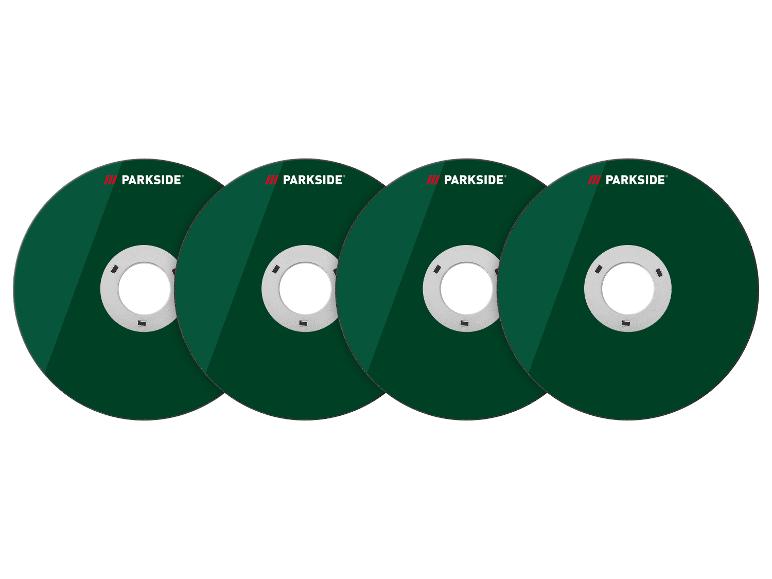 Quatre disques de coupe Parkside verts avec un centre métallique, disposés horizontalement.