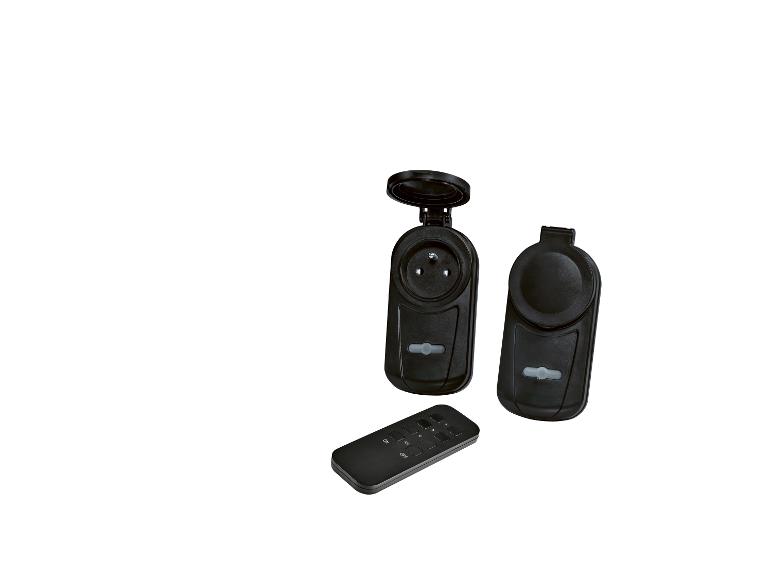 Deux prises extérieures noires télécommandées et une télécommande