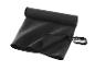 Serviette de sport noire, compacte et absorbante, avec une boucle.