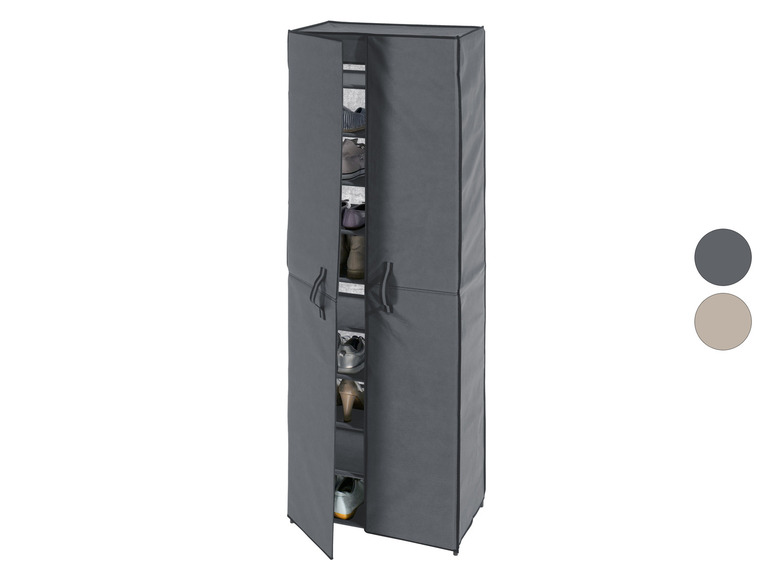 Une armoire à chaussures grise avec les portes ouvertes, remplie de différents types de chaussures.