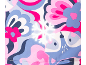 Motif floral et animal coloré avec un flocon de neige, dans des tons roses, bleus et blancs.