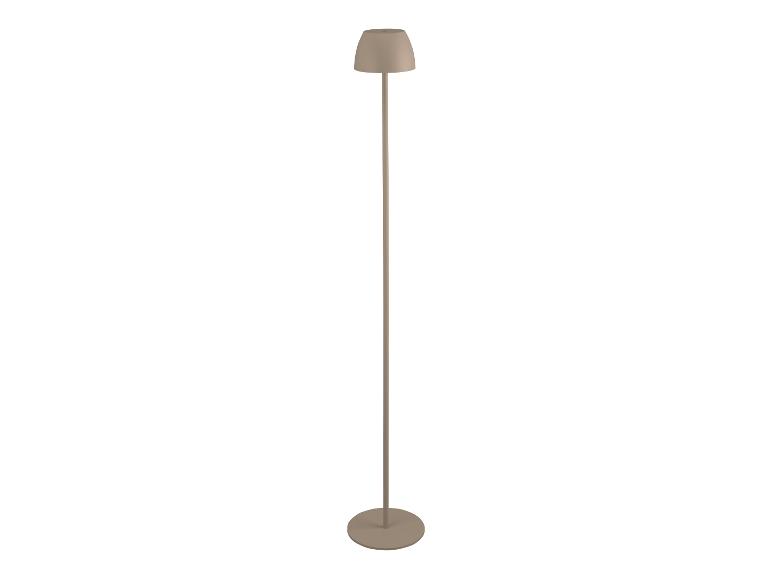 Lampadaire taupe moderne avec une base ronde et un abat-jour en forme de cloche.