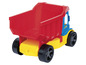 Un camion à benne basculante Wader rouge avec des détails jaunes et bleus et des roues noires.