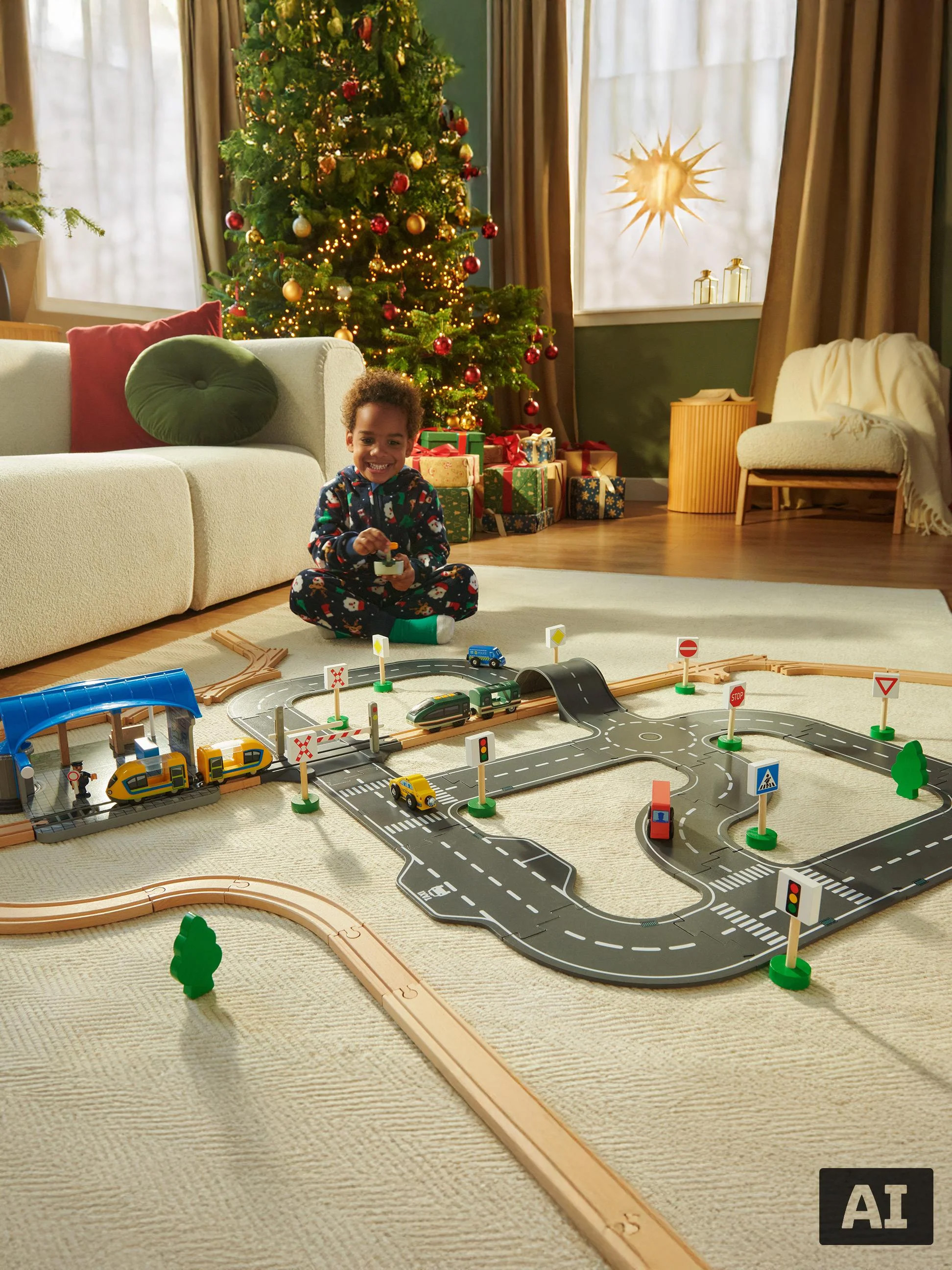 Enfant jouant avec un circuit de train en bois et des petites voitures sur un tapis près du sapin de Noël.