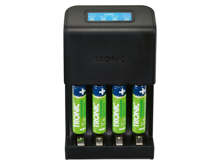 Un chargeur de batterie noir TRONIC avec quatre piles AA rechargeables.