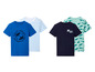Trois t-shirts bleus à motif requin.