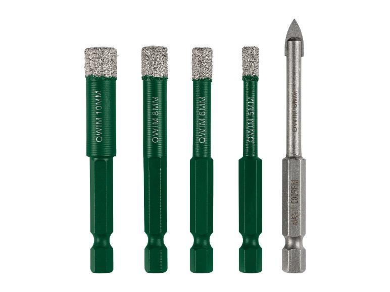 Forets diamantés OWIM de 5, 6, 8 et 10 mm et un foret à pointe de 6 mm.