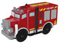 Un camion de pompiers rouge en plastique avec une grille et de grandes roues.