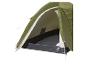 Tente de camping verte ouverte, montrant l'intérieur et le sol.