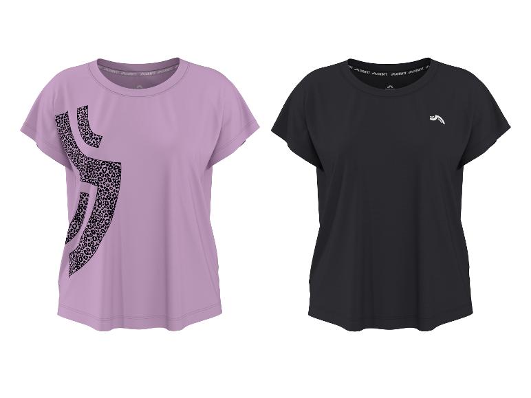 Deux t-shirts de sport, un lilas avec imprimé léopard et un noir avec un petit logo.