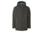 Une veste imperméable vert foncé à capuche.