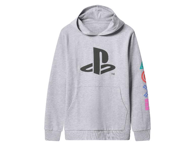 Sweat à capuche gris avec logo PlayStation et symboles colorés sur la manche.