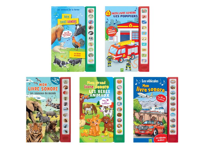 Cinq livres sonores pour enfants sur les animaux et les véhicules.