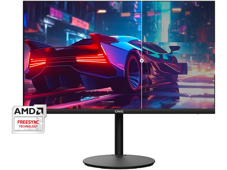 Écran de jeu avec technologie de synchronisation adaptative affichant une voiture de sport.