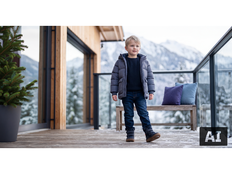 Garçon en veste d'hiver, jean et bottes sur une terrasse enneigée.