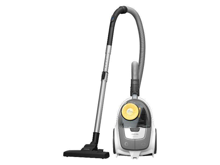 Aspirateur blanc et gris avec bac cyclonique jaune et buse noire.