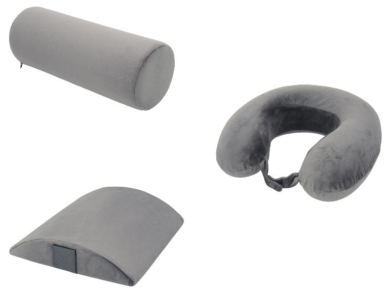 Ensemble de coussins de voyage gris : un traversin, un oreiller de nuque et un coussin lombaire.