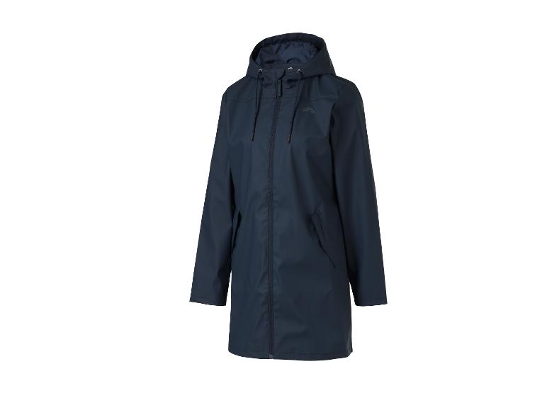 Imperméable bleu foncé avec capuche et fermeture éclair.