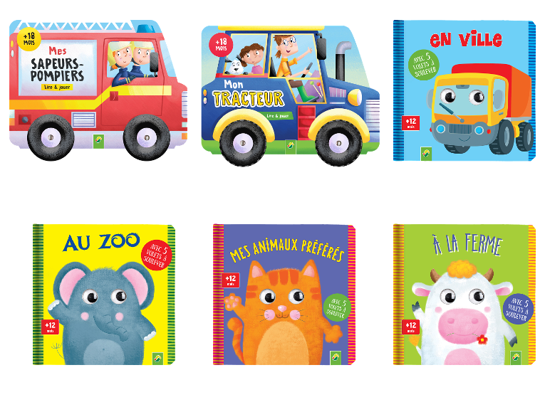 Six livres pour enfants avec des véhicules et des animaux.