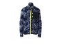 Polaire à motif camouflage bleu avec fermeture éclair et poche poitrine jaune fluo.