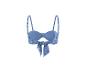 Haut de bikini bleu à imprimé floral avec nœud sur le devant et bretelles réglables.