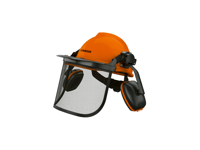Casque de sécurité Parkside avec visière et protections auditives.