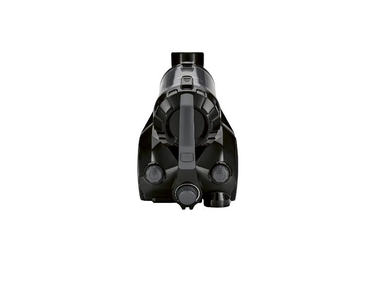 Aspirateur noir avec des détails gris, vu d'en haut.
