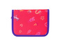 Une trousse rose avec un motif licorne et étoiles.