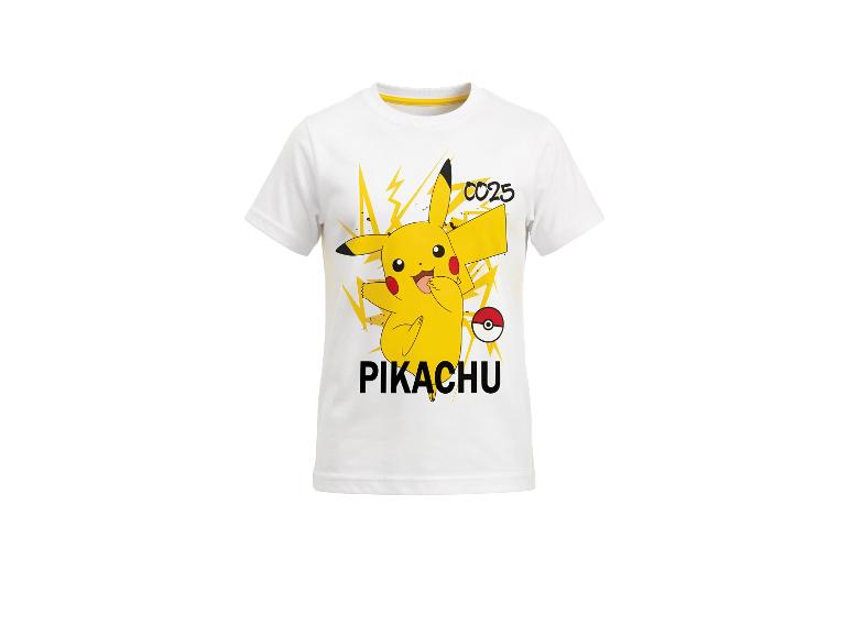 T-shirt blanc pour enfant avec un grand imprimé de Pikachu, des éclairs jaunes et le texte 'PIKACHU'.