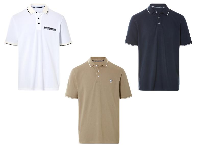 Trois polos : blanc, bleu marine et beige.