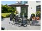 Ensemble de mobilier de jardin avec table, six chaises et parasol sur une terrasse.