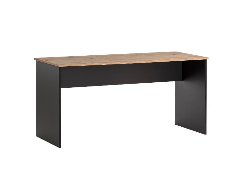 Console noire avec plateau aspect bois.