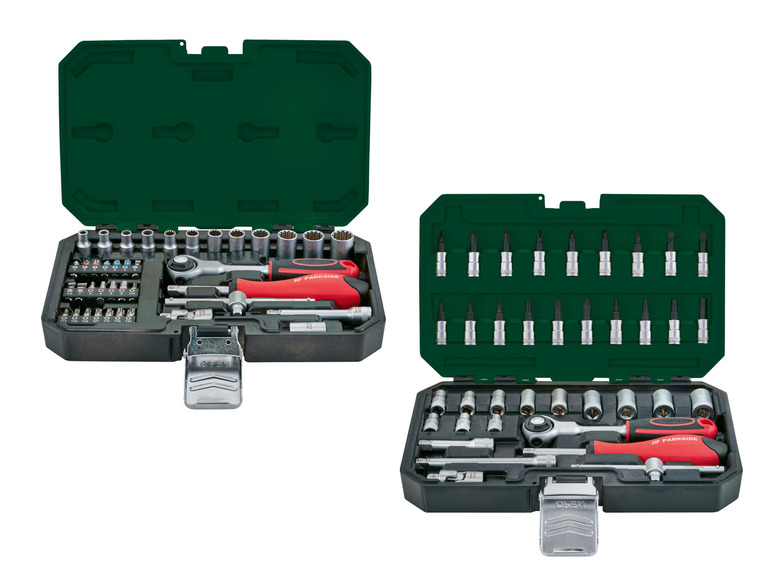 Un ensemble d'outils avec des tournevis et des embouts Parkside dans une boîte verte.