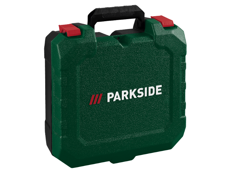 Boîte à outils en plastique verte Parkside avec poignée.