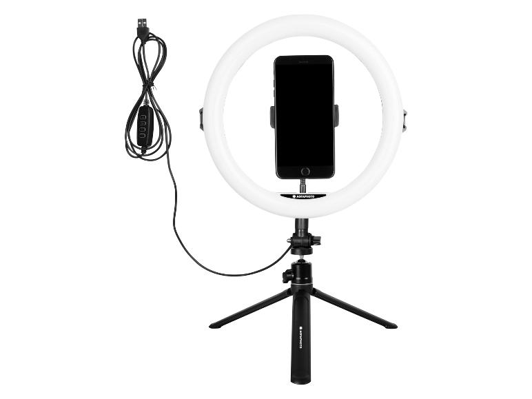 Kit d'éclairage à anneau AGFAPHOTO avec trépied et smartphone.