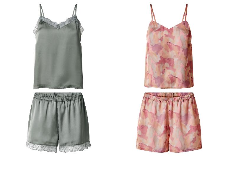 Ensembles pyjama caraco et short en satin, un vert avec dentelle et un imprimé.