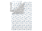Parure de lit avec motif d'arbres d'hiver en bleu et blanc, réversible avec un dos gris.