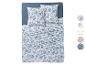 Parure de lit fleurie bleu et blanc : drap, taies d'oreiller.
