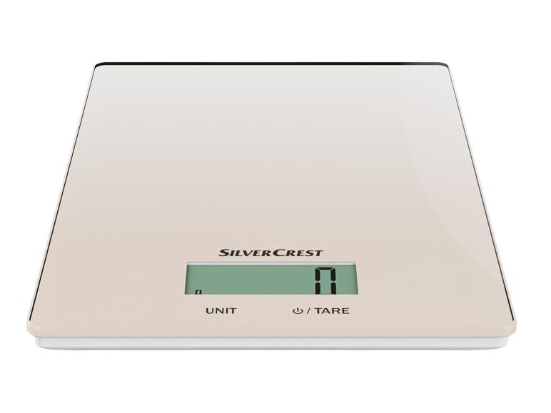 Une balance de cuisine numérique Silvercrest de couleur beige.