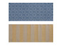 Deux tapis : l'un avec un motif géométrique en bleu et blanc, l'autre avec des rayures horizontales en beige et jaune.