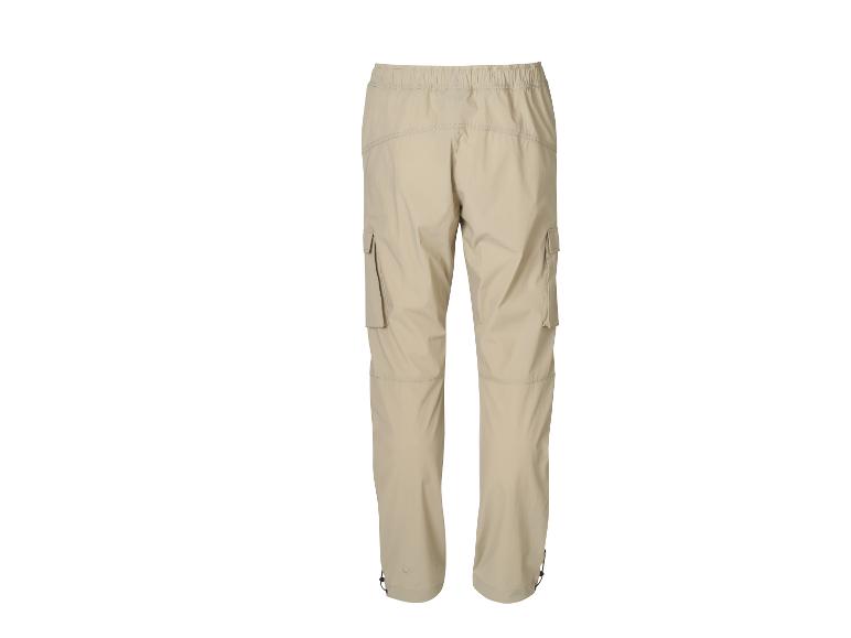 Pantalon cargo beige avec taille élastique et poches latérales.