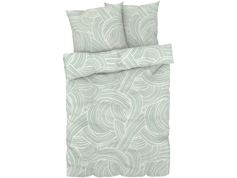 Parure de lit avec motif abstrait vert clair et blanc.