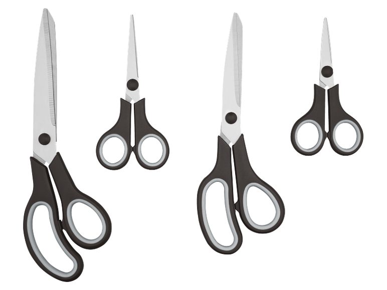 Quatre paires de ciseaux noirs et gris de différentes tailles sur fond noir.