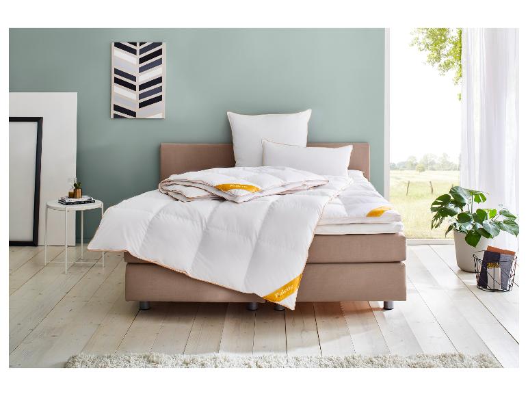 Chambre à coucher avec un lit doté de couettes et d'oreillers blancs Palette, une table d'appoint et une plante.